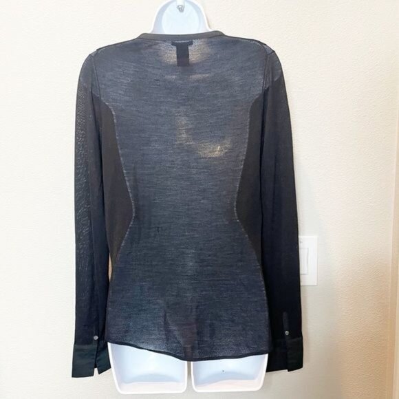 Theory Black Wool Blend Henley Long Sleeve Blouse Pleated Yoke Top Medium - Picture 6 of 8